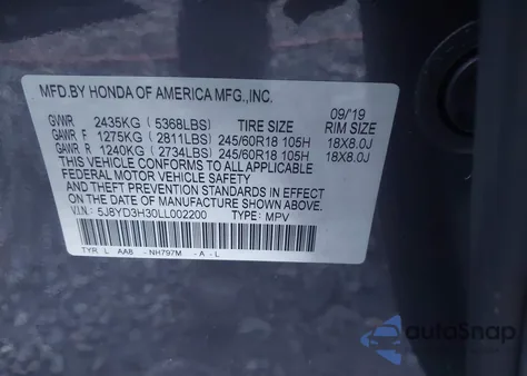 2020 Acura Mdx Standard из США, поврежденный, VIN 5J8YD3H30LL002200